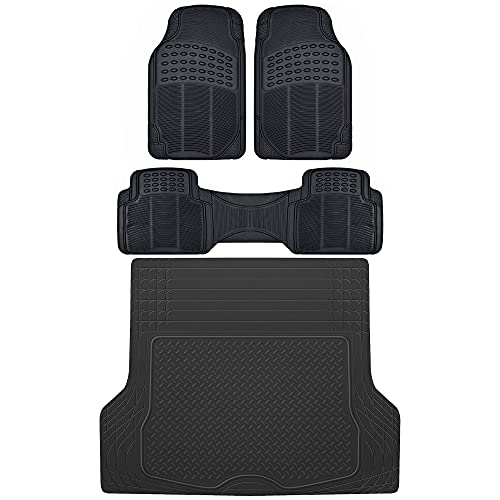BDK Proliner All Weather Rubber Auto Floor Mats and Trunk Cargo Liner - Front & Rear Heavy Duty Set Fit for Car SUV Van and Truck, 4 Piece, Black