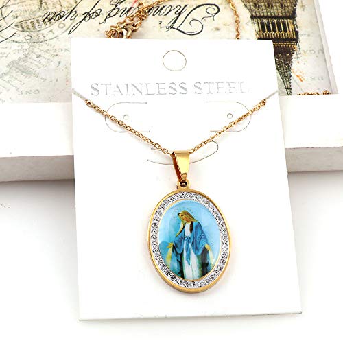 Miraculous Medal, Religious Gifts for Women, Golden Stainless Steel Necklace Inlaid Zircon Pendant, Fashion Religious Jewelry, Gifts for Women2