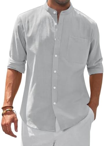 siliteelon Herren Hemd Leinen Strukturiert Langarm Stehkragen Freizeithemd | Regular Fit, Leichte, Sommer, Baumwolle, Button Down, Business, Formell, Party, Beach, Club, Reisen, Ca