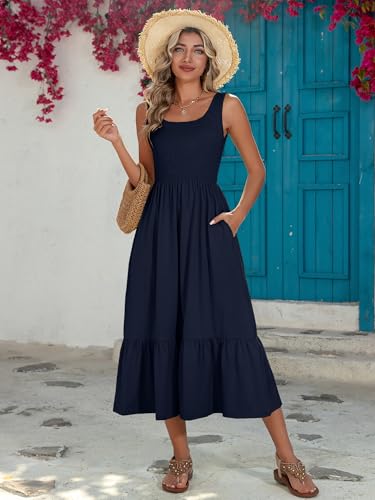 Image of HDLTE Women Summer Dresses 2025 Square Neck Tiered Tank Long Maxi Casual Sundress with Pockets