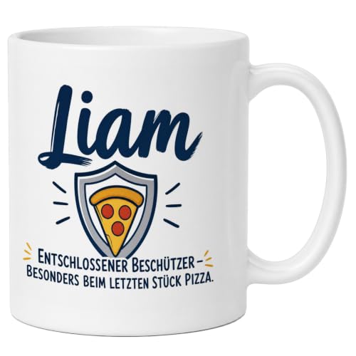 LunaLana&reg; Tasse &raquo;Liam &ndash; Entschlossener Besch&uuml;tzer&laquo; Kaffeetasse mit Name und Pizza-Motiv | Geschenk f&uuml;r Pizza-Fans