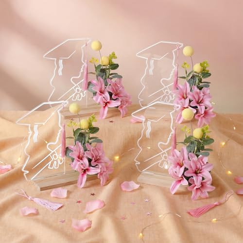 Junkin 4 Set Graduation Centerpieces for Table 2026 Floral Graduation Decorations with Tassels Acrylic Grad Cap Table Toppers with Artificial Lily for Grad DIY Gift Craft Party Supplies & Photo Props