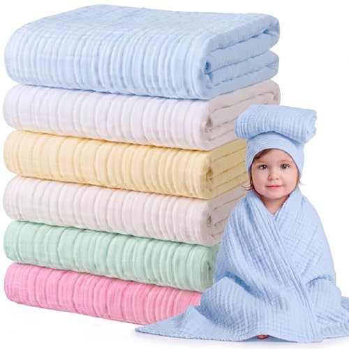 Image of Chumia 6 Pack Baby Muslin Bath Towels Set – Large 43.3x43.3 Inch 6 Layers Soft Cotton Breathable Quick Dry Swaddle Blankets for Newborns, Infants, Toddlers (Multicolor)