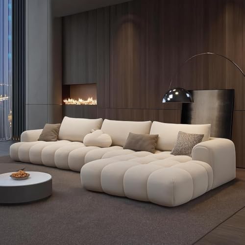 Image of Modern Classic Cloud Puffy Velvet Sofa Tufted Structure Round Arm L-Shaped Sofa Set Supported Round Back with Throw Pillows for Living Room, Hallway Apartment (Beige)