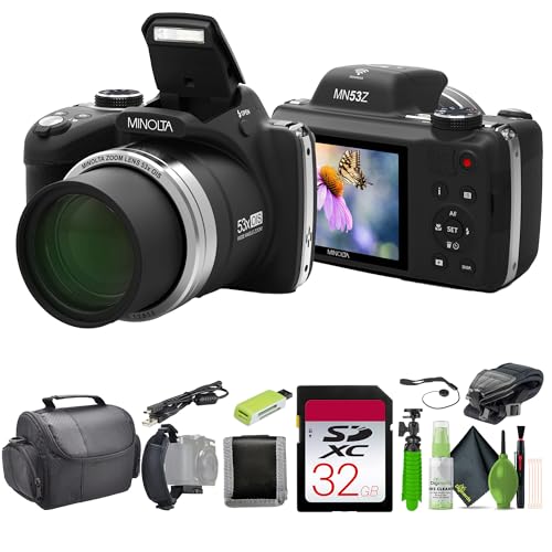 MINOLTA MN53Z - Fotocamera digitale Bridge FHD da 16 MP / 1080p, con zoom ottico 53x, con scheda di memoria da 32 GB, borsa per camara, kit di pulizia, treppiede per vlogging e accessori
