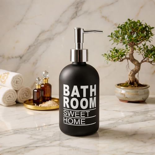 Image of Luxe Home International Bathroom Sweet Home Print Glass Soap Dispenser for Bathroom and Kitchen Sink Leak Proof Liquid Hand Wash Round Bottle Lightweight Smooth Finish (19.5x7.5 cm Black) Pack of 1