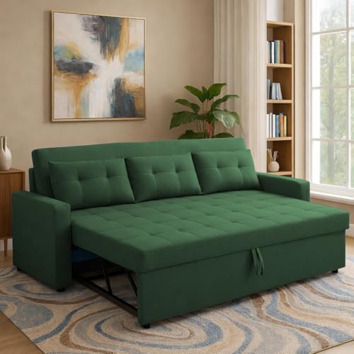 Image of Casaliving Treshta 3 Seater Pull-Out Premium Fabric Sofa Cum Bed Sofa Set for Living Room (Green Fabric Color) Premium Fabric Sofa Set for Living Room Sofa Cum Bed