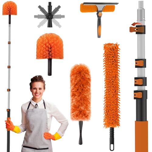 High Ceiling Duster Kits with 3-12FT Adjustable Pole - Includes Extra Long Duster, High Ceiling Duster, Rotatable Window Squeegee & Cobweb Duster for Ceiling Fans and Whole House Cleaning