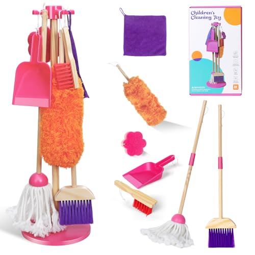 Image of Gadhra Wooden Toy Cleaning Set ,8Pcs Kids Cleaning Set, Includes Broom, Dustpan, Brush, Mop, Duster, Sponge, Rag and Hanging Stand, Pretend Play Children House Cleaning Toys for Toddlers