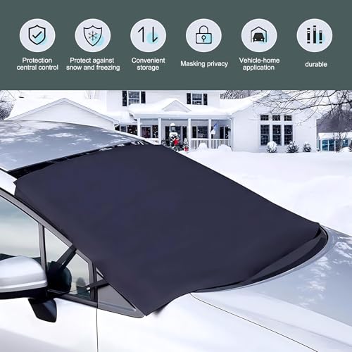 Image of Car Windshield Snow Cover, Ice and Snow Windshield Protector, 600D Oxford Cloth Stowable Drawstring Closure Quick Install Frost Cover, Winter Ice and Snow Protection Accessories (Black)