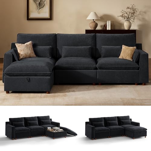 Image of WorthFurni Modern Modular Sectional Sofa,103 inch L Shape Minimalist Couch with Storage Ottoman,Comfty 4 Seat Sofa for Living Room,Black Chenille