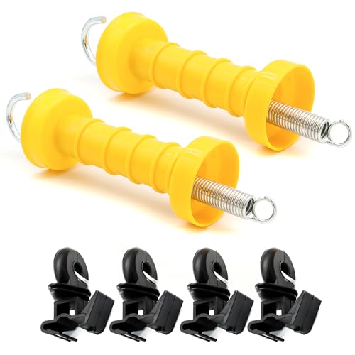 JBTOZIUY Electric Fence Spring Gate Handle Set with Insulators and Anchor, Yellow (MB2Pcs+4B)