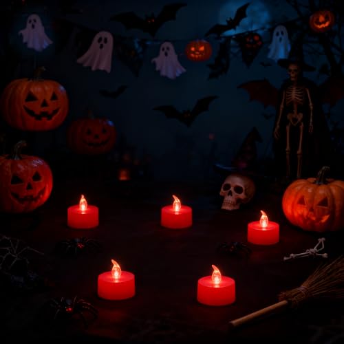 Image of KOABY 24 Pack Red Light Flameless Tea Lights, Red Base, Last 100H | for Decor