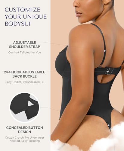 SHAPELLX Women's Shapewear Bodysuit Tummy Control Body Shaper Lace Sculpting Snatched Waist Body Suit V Neck Thong Bodysuit3