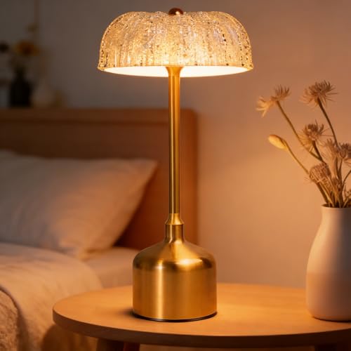 BOLGRLONG Cordless Touch Control Mid Century Modern Table Lamp with 3 Colors Dimmable, Portable LED Table Lamp with USB Charging Ports, Vintage Bedside Lamp for Bedroom Restaurant Kitchen Home Decor