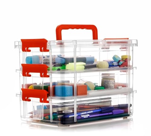 Image of Golden bird plastic boxes for Storage transparent, Space Saving Organiser with Lid Portable & Stackable for Jewelry, Beads, Crochet, Sewing, Scrapbooking DIY Craft (3 tier, Red)