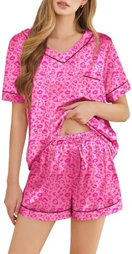 Silk Pajamas for Women Short Sleeve Satin 2 Piece Pj Set Soft V N...