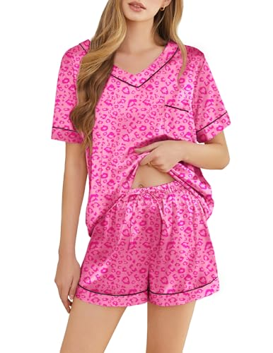 Image of Silk Pajamas for Women Short Sleeve Satin 2 Piece Pj Set Soft V Neck Sleepwear Loungewear, S-XXL