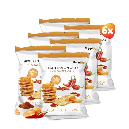 Supplify 6x50g High Protein-Chips vegan mit Thai Sweet Chili Geschmack - Low Carb Eiweißchips zum Abnehmen - Proteinchips kalorienarm, Fitness Snack Alternative