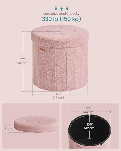 Image of SONGMICS Mazie Collection - Round Storage Ottoman, Folding Footrest Stool with Removable Lid, Easy Assembly, Teddy Fleece Vanity Stool for Bedroom, Living Room, Entryway, Jelly Pink ULSF606R01