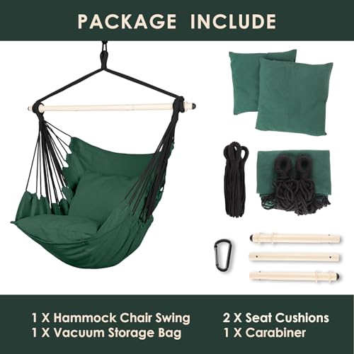 Image of Highwild Hammock Chair Hanging Rope Swing - Max 500 Lbs - 2 Cushions Included - Steel Spreader Bar with Anti-Slip Rings - for Any Indoor or Outdoor Spaces (D- Cushions Included-Green)
