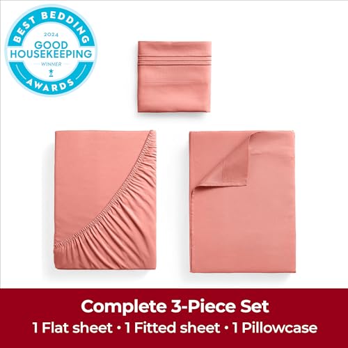 Image of Mellanni Extra Deep Twin Sheets - 3 PC Iconic Collection Bedding | Hotel Luxury, Ultra Soft, Cooling Bed Sheets - Wrinkle, Fade, Stain Resistant (Twin, Coral)