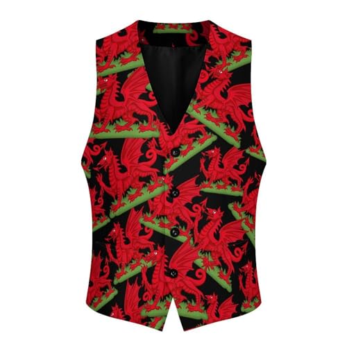 Dragon Badge of Wales Suit Vest for Men Waistcoat Dressy V Neck Button Down Sleeveless Business Jacket Coat 6