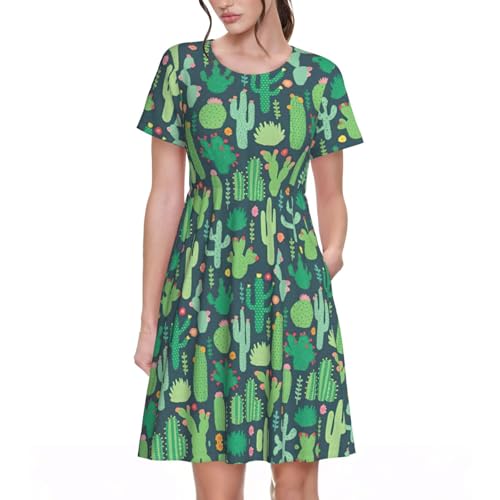 Robe d'été motif cactus mignon pour femme avec manches courtes et poches