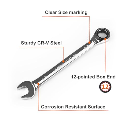 Image of Egofine 5 /8 inch Ratcheting Combination Wrench SAE, Industrial Grade Gear Spanner with 12-Point Design, 72-Tooth Ratchet, Chrome Vanadium Steel (Pack of 2)