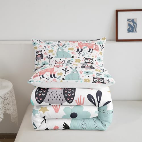 Image of Feelyou Fox Rabbit Owl Comforter Set King Size, Cartoon Fox Comforter for Kids Toddler Cute Rabbit Comforter Set Tropical Kawaii Animal Duvet Set Durable Quilt Set