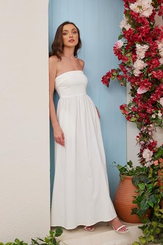 Image of Women Summer Strapless Maxi Tube Dress 2024 Trendy Solid Pleated Flowy Dress Wedding Guest Maxi Dresses Party Club