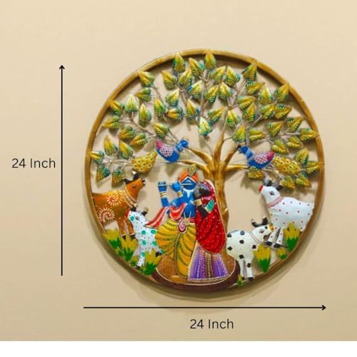 Image of SHREE 'O' GREEN TECH - Metal Radha Krishna with Cow Wall Art Frame Decorative Wall Hanging Sculpture for Home, Living Room, Temple Decor Traditional Indian Wall Decor Showpiece (Size 24x24 Inch)