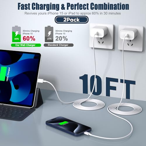 Image of iPhone 17 /16 /15 Charger Fast Charging,2Pack 10FT Long USB C to C i Phone Fast Charging Cable Cord with 20W USBC Quick Charger Block Adapter for iPhone 17 /16 Pro /15 ProMax /15 Plus,iPad 12.9 /11 /10.9 /Air