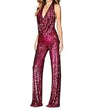 ORANDESIGNE Damen Jumpsuit Elegant Ärmellos Tiefer V-Ausschnitt Hohe Taille Overall mit Pailletten Cocktail Party Festlich Overalls Hosenanzug Playsuit Lang Romper Z Rosarot 42