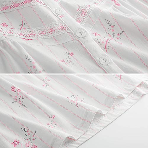 Keyocean Women Nightgowns, 100% Cotton Long Sleeve Long Women Sleepwear Nightdress, Pink Floral, Large