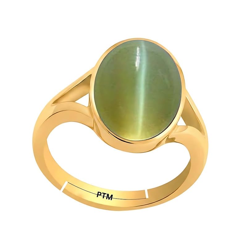 PTM Natural Cats Eye/Lahsunia 3.25 to 10.25 Ratti or 3.00 to 9.50 Carat Astrological Certified Gemstone Panchdhatu/5 Metals Gold Plated Adjustable Ring for Men and Women