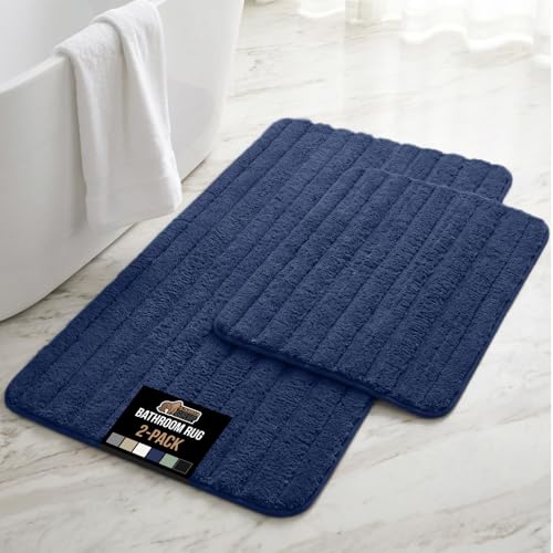 Image of GORILLA GRIP Memory Foam Bathroom Rugs, Soft Absorbent Textured Rubber Backing Striped Bath Mat, Set of 2 Machine Washable Quick Dry Floor Mats, Shower Rugs Home Accessories, Navy 24x16 and 30x18