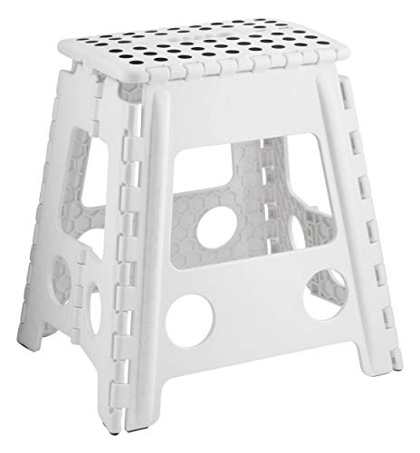 Folding Step Stool, 15 Inch Plastic Foldable Non-Slip Stepping Stool with Carrying Handle for Kitchen, Bathroom, Garden & Outdoor (White)