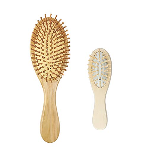 Pack of 2 Wooden Bamboo Hair Brush Massage Scalp Hairbrush with Ball Tipped Bristles Eco-Friendly Comb for Thin Thick Long Short Curly Hairs (OVAL)