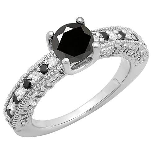 Dazzlingrock Collection 1.10 Carat (ctw) Round Black & White Diamond Ladies Bridal Vintage Style Engagement Ring in 925 Sterling Silver