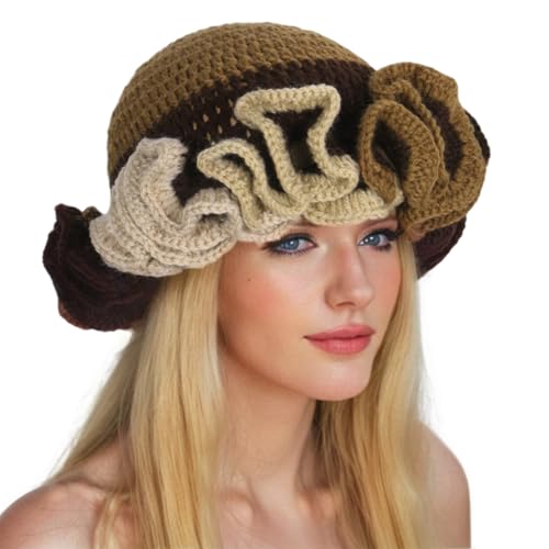 Image of Women Crochet Bucket Hat Cute Winter Ruffled Brim Floppy Cap Handmade Knit Cloche Hats