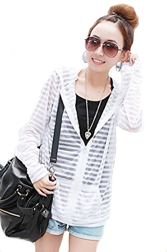 Women's Summer Long Sleeved Anti UV Easy Striped Sunscreen Clothing (M, White)