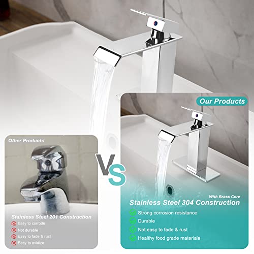 M Oudemei Waterfall Spout Bathroom Sink Faucet, 4 Inch Centerset Vanity Sink Faucet, Single Handle Lavatory Faucet, Mixer Tap With Deck Plate For 1 Or 3 Hole Easy Installation (Chrome) #TOP1