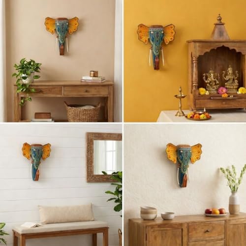 Image of ATRANGI STUDIO Handpainted Wooden Elephant Wall Decor | Ethnic Wooden Wall Art | Symbol of Strength & Wisdom | Wall Hanging for Home, Corridor & Balcony | Ready to Hang | 11 Inch, Turquoise