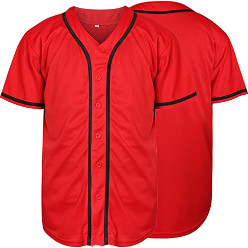 Plain Button Down Blank Baseball Jersey Short Sleeve Hipster Hip Hop T Shirts (Small, Red) #TOP5