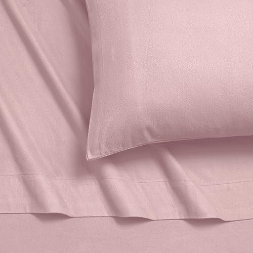 Tribeca Living 100% Cotton Flannel Sheet Set - 4 Piece Deep Pocket Flannel Sheets for Queen Size Beds - 200 GSM German Mill Crafted Heavyweight Warmth in Light Pink - Thumbnail 2