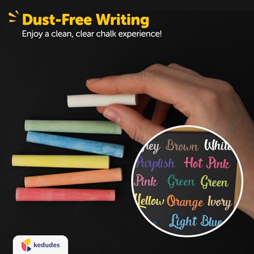 Kedudes Dustless Chalk with Eraser, 24pk - 12 Colored Chalkboard Chalk and 12 White Chalk for Chalkboard and Chalk Board Eraser, Outdoor Chalk, Chalk, Eraser Set - Blackboard Chalk with Chalk Eraser
