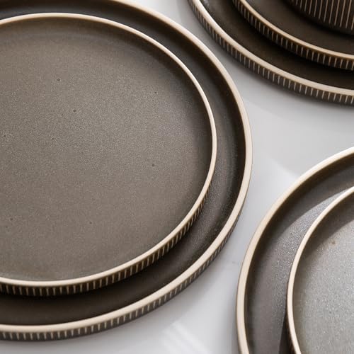 Image of Stoneware Dinnerware Sets for 4, 12Pcs Plates and Bowls Set, Matte Green