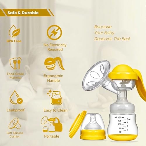 Image of ARDAKI Breast Pump for Feeding Mothers, 3 Level Suction Adjustment, Flexible Silicone Massage Cushion & Ergonomic Handle for Easy & Painless Breast Milk Expression Manual Breast Pump BPA Free (YELLOW)
