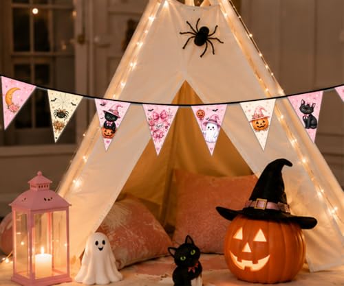 Image of Pink Halloween Banner with 12 Fabric Triangle Pennants, Coquette Bow Ghost Black Cat Pumpkin Garland, Cute Farmhouse Halloween Decor for Bedroom, Kitchen, Party, Ready to Hang, 13FT